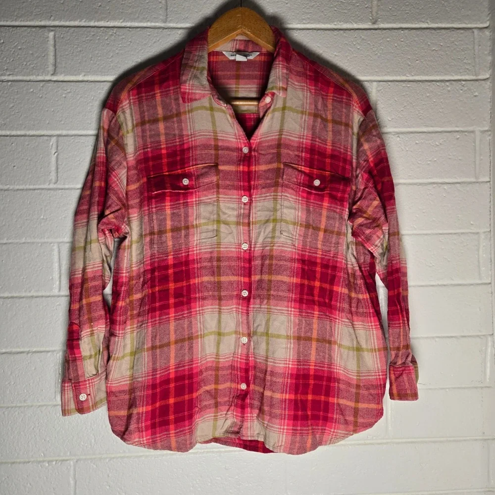 Old Navy Womens The Boyfriend Shirt Plaid Flannel XL Button Cotton Bright Camp